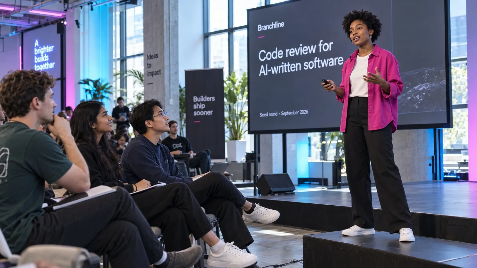 A founder presenting her product to an audience