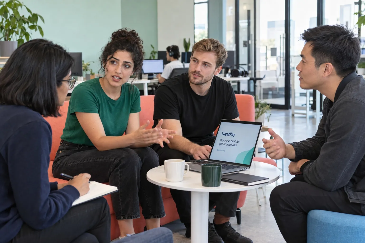 Four founders working through their fundraising plan around a laptop