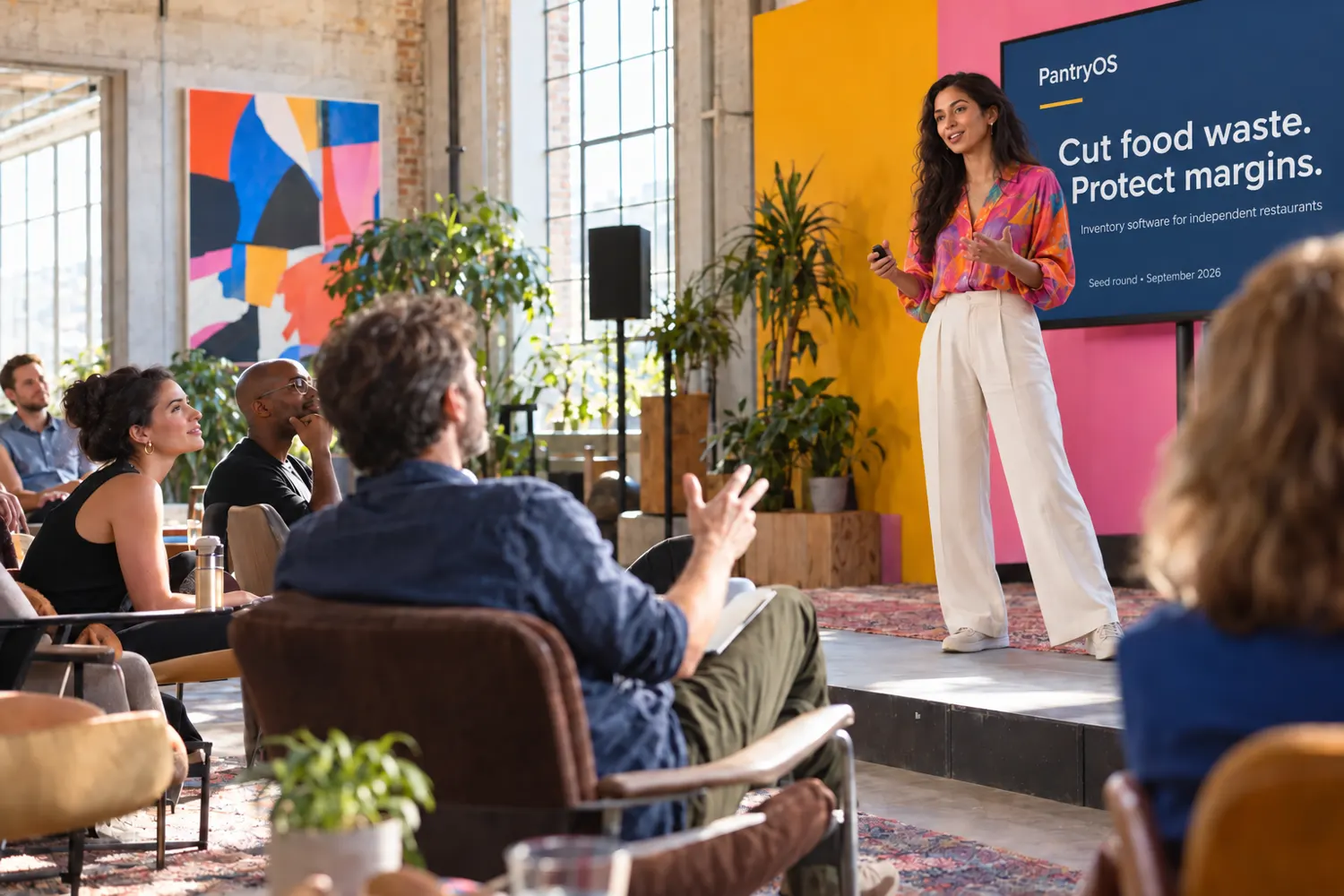 A founder presenting on stage at a demo day