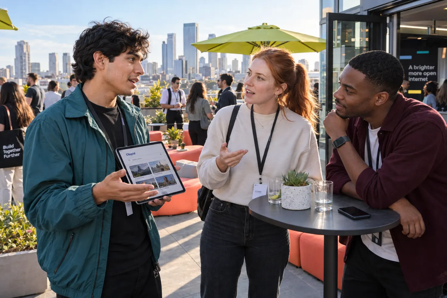 Founders and investors talking at a rooftop tech meetup