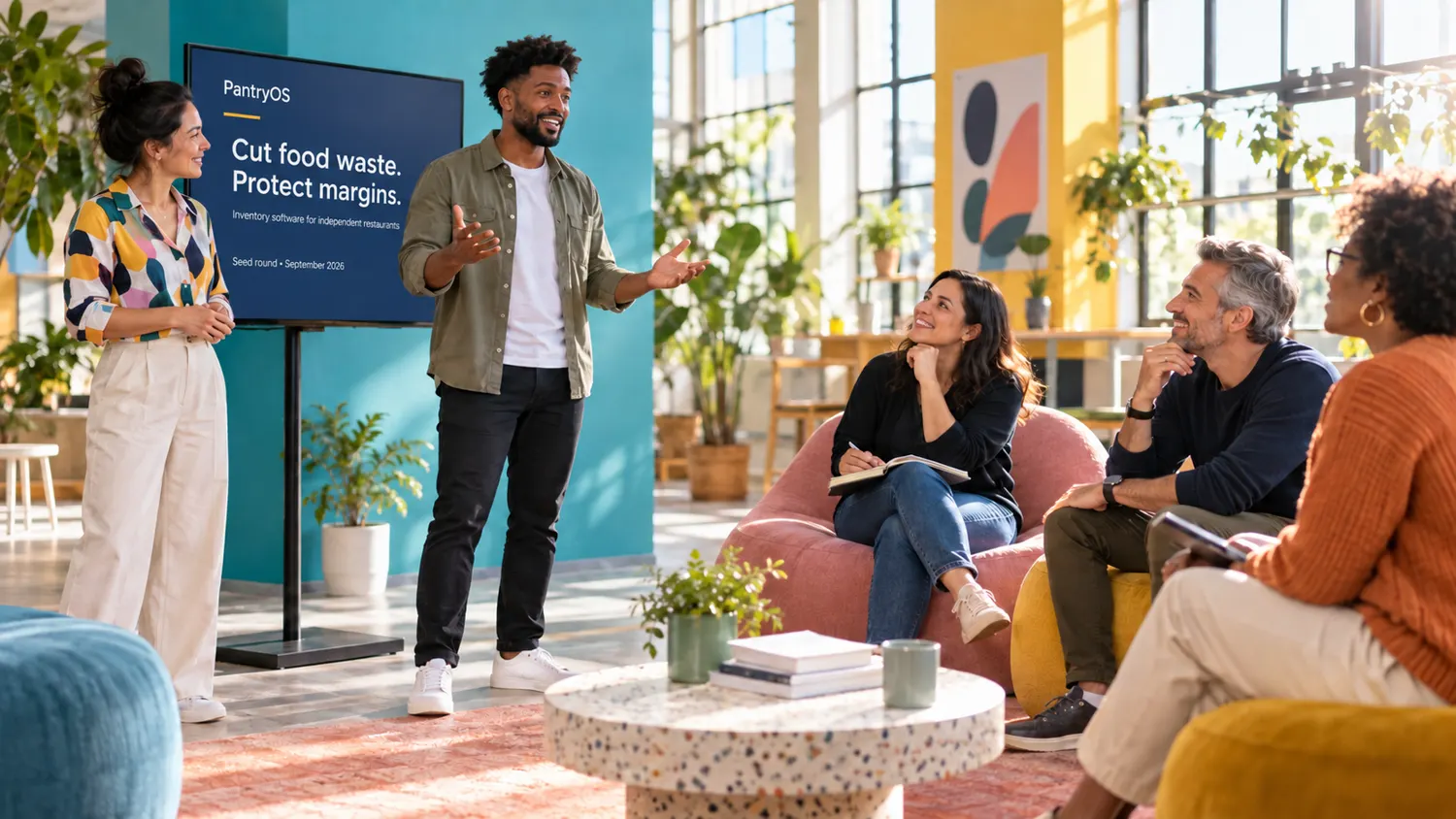A founder pitching to a small group of investors in a bright studio